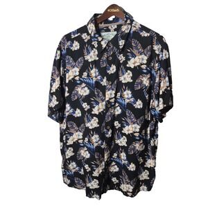 Margaritaville Shirt Mens XL Black Blue Rayon Floral Hawaiian Button Up Tropical